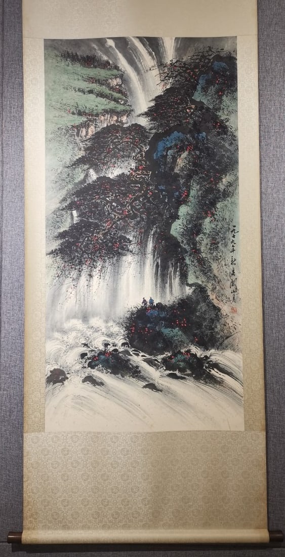 A Chinese Vertical Scroll Ink Painting of Landscape on Paper (1 of 8)
