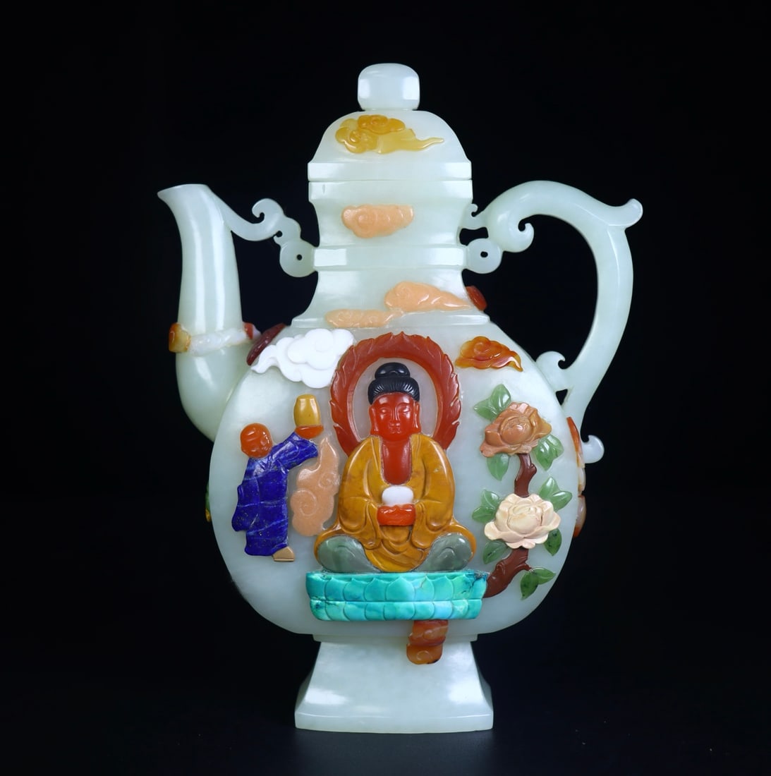 A Exquisite Hotan Jade Buddha Pattern Pot: A Exquisite Hotan Jade Buddha Pattern Pot,Qing Dynasty, China,Size:4.9inx2inx6.7in,Weight:450g 和田玉佛像纹壶,中国清代