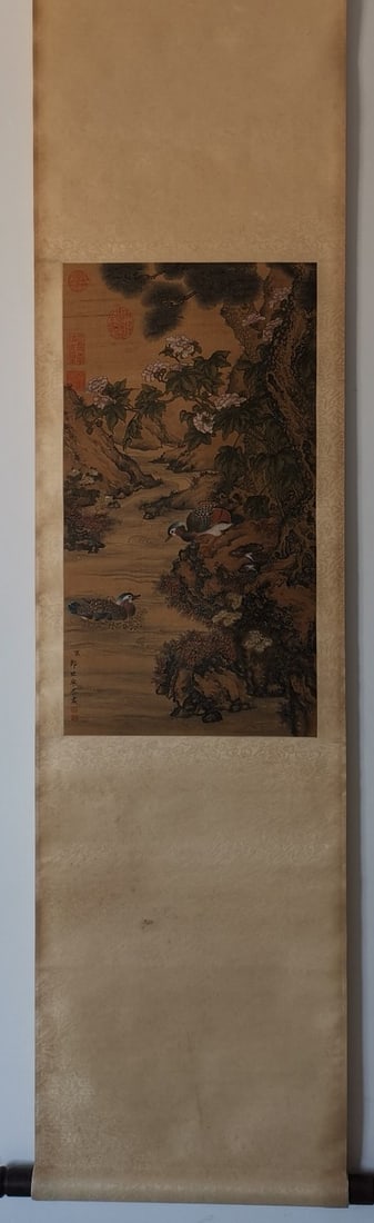 A Chinese Vertical Scroll Ink Painting of Flower and Bird on Silk: A Chinese Vertical Scroll Ink Painting of Flower and Bird on Silk