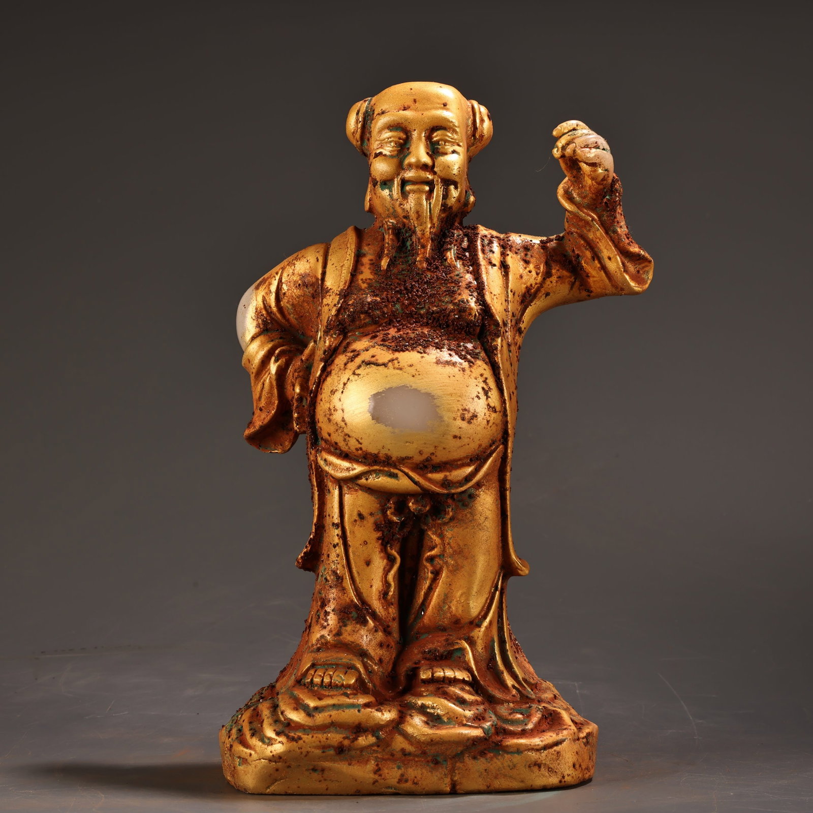 A Exquisite Hotan White Jade Gilt Figures Ornament: A Exquisite Hotan White Jade Gilt Figures Ornament,Ming Dynasty, China,Size:8.7inx5.1in,Weigh:1900g 和田白玉鎏金人物摆件,中国
