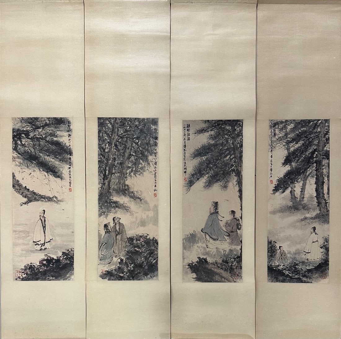 A Set of Four Chinese Vertical Scroll Ink Paintings of Figures on Paper (1 of 9)
