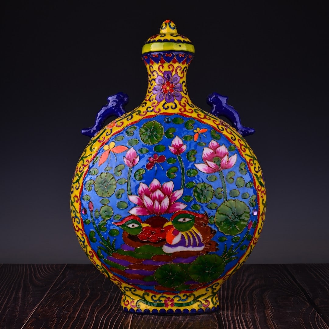 A Exquisite Enamel Flower and Bird Pattern Dragon-Ears Vase: A Exquisite Enamel Flower and Bird Pattern Dragon-Ears Vase,Qing Dynasty, China,Qianlong Four-character Mark,Size:16.5inx11in 珐琅彩花鸟纹龙耳瓶,&