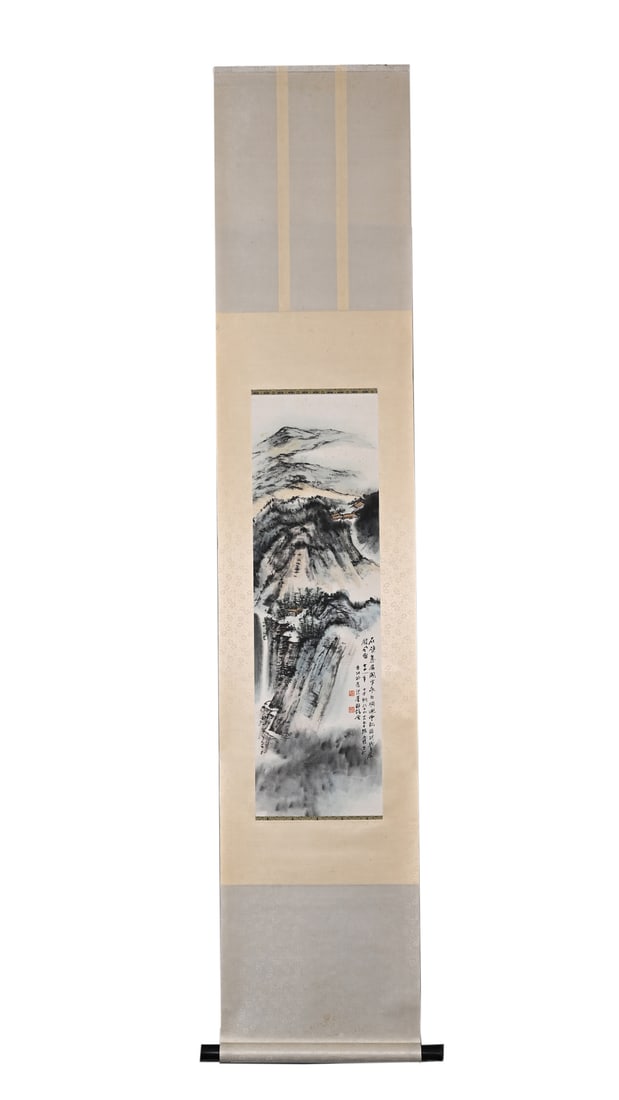 A Chinese Vertical Scroll Ink Painting of Landscape on Paper (1 of 9)