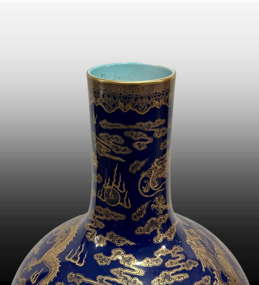 A Exquisite Blue Glazed Painted Gold Dragon Pattern Vase - 2