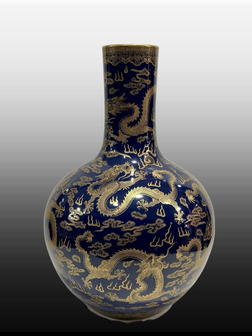 A Exquisite Blue Glazed Painted Gold Dragon Pattern Vase - 3
