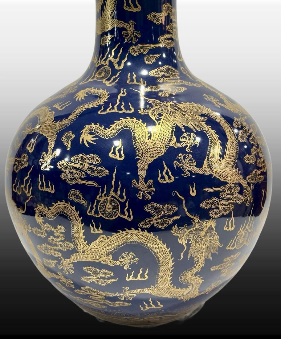 A Exquisite Blue Glazed Painted Gold Dragon Pattern Vase - 4