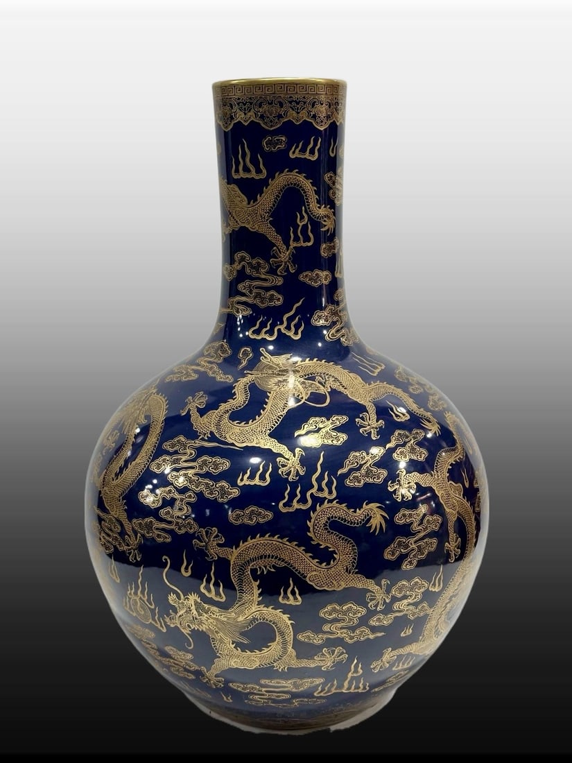 A Exquisite Blue Glazed Painted Gold Dragon Pattern Vase - 5