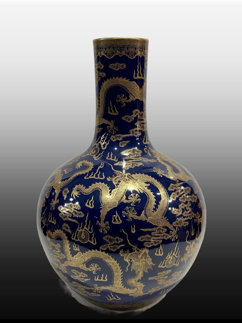 A Exquisite Blue Glazed Painted Gold Dragon Pattern Vase - 7