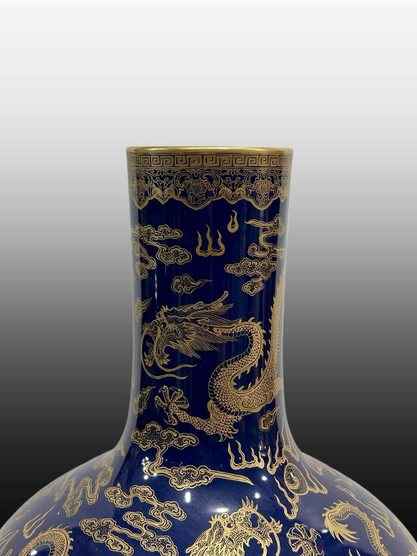 A Exquisite Blue Glazed Painted Gold Dragon Pattern Vase - 8