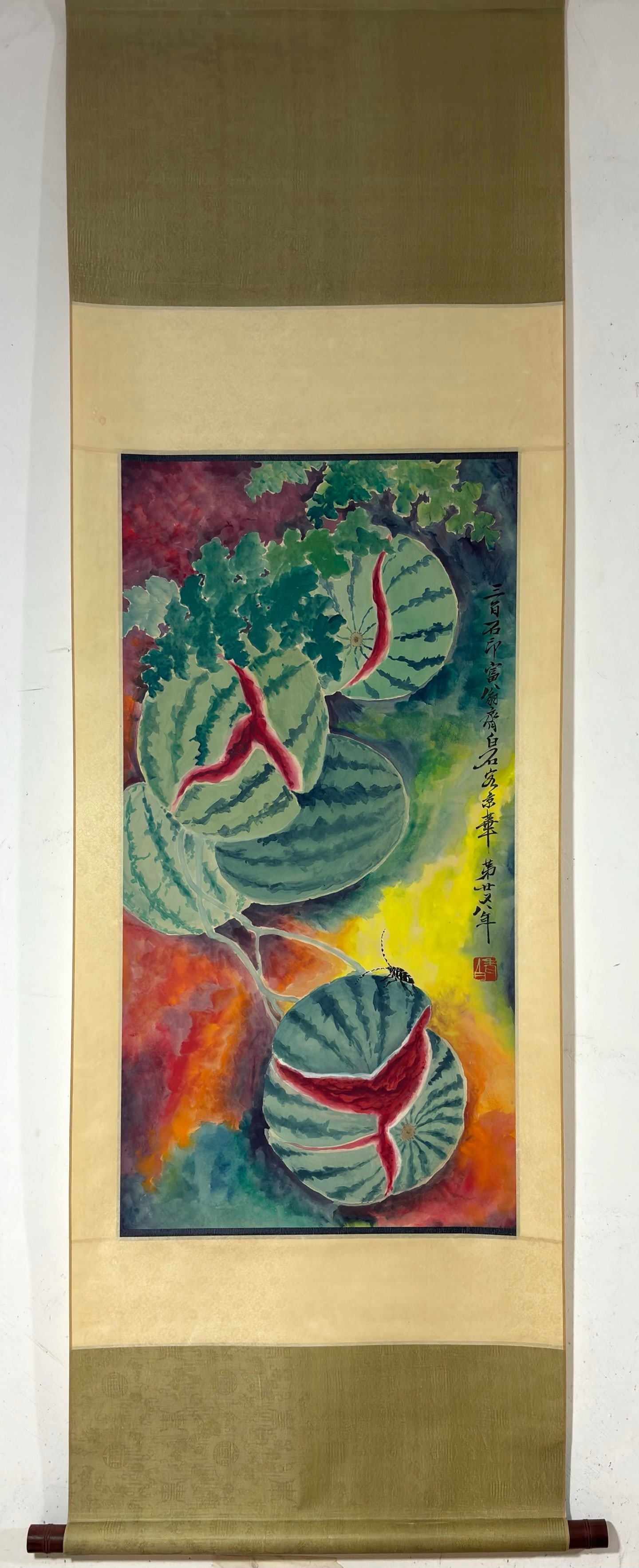 A Chinese Vertical Scroll Ink Painting of Watermelon on Paper: A Chinese Vertical Scroll Ink Painting of Watermelon on Paper,Modern Time,Qi Baishi,without frame size:39inx20.3in 一幅中国水墨纸本西瓜Ĭ