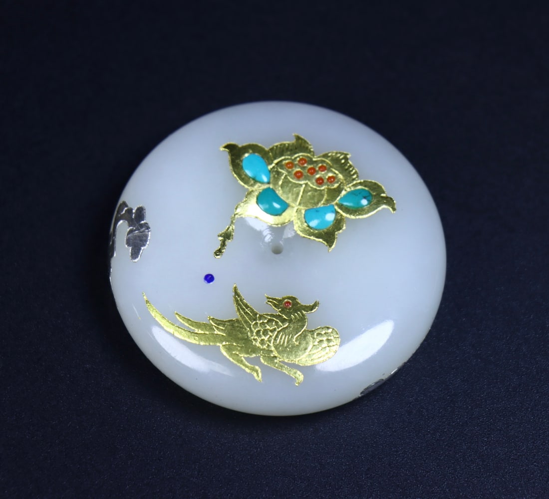 A Exquisite Hotan Jade Inlaid Gold Flower and Bird Pattern Bi (1 of 7)