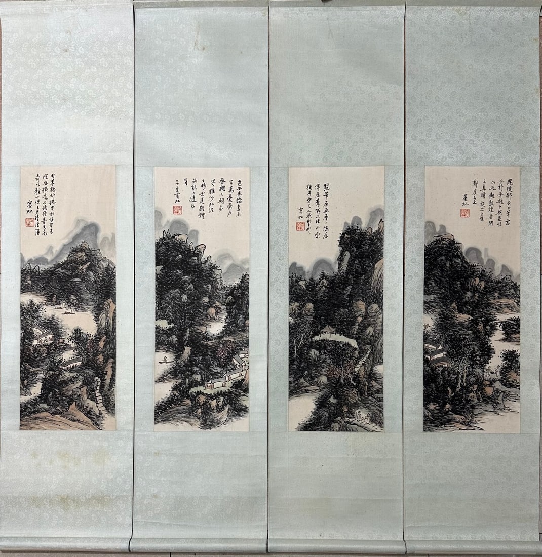 A Set of Four Chinese Vertical Scroll Ink Paintings of Landscape on Paper (1 of 12)