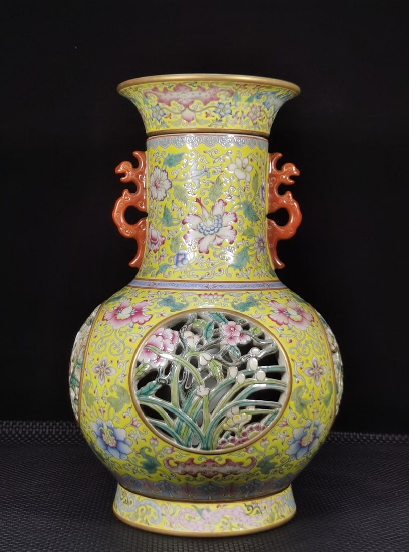 A Exquisite Famille-Rose Yellow Ground Flower Pattern Dragon-Ears Vase: A Exquisite Famille-Rose Yellow Ground Flower Pattern Dragon-Ears Vase,Qing Dynasty, China,Qianlong Four-character Mark,Size:15.7inx6.3inx10.2in 粉彩黄地花卉纹