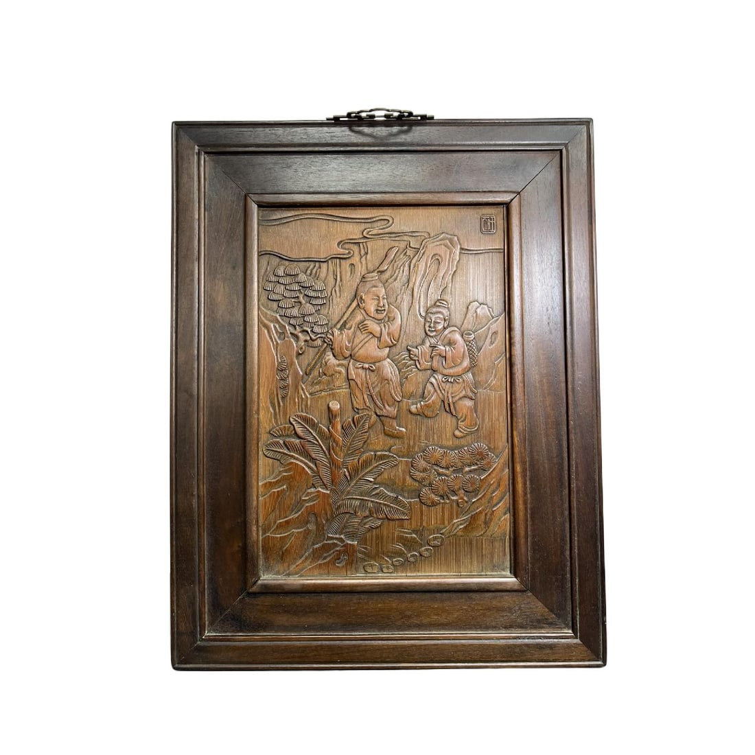 A Exquisite Redwood Inlay Bamboo Carving Figure Hanging Panel: A Exquisite Redwood Inlay Bamboo Carving Figure Hanging Panel,Qing Dynasty, China,Size:15.9inx12.4inx0.7in ,Weight:1348g 红木镶竹雕刻人物挂屏