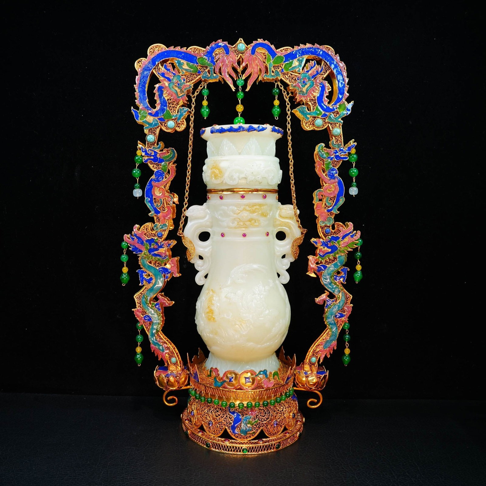 A Exquisite Cloisonne Enamel White Jade Flower Pattern Vase Ornament: A Exquisite Cloisonne Enamel White Jade Flower Pattern Vase Ornament,Qing Dynasty, China,Qianlong Four-character Mark,Size:16.5inx10.2in 掐丝珐琅彩白玉花