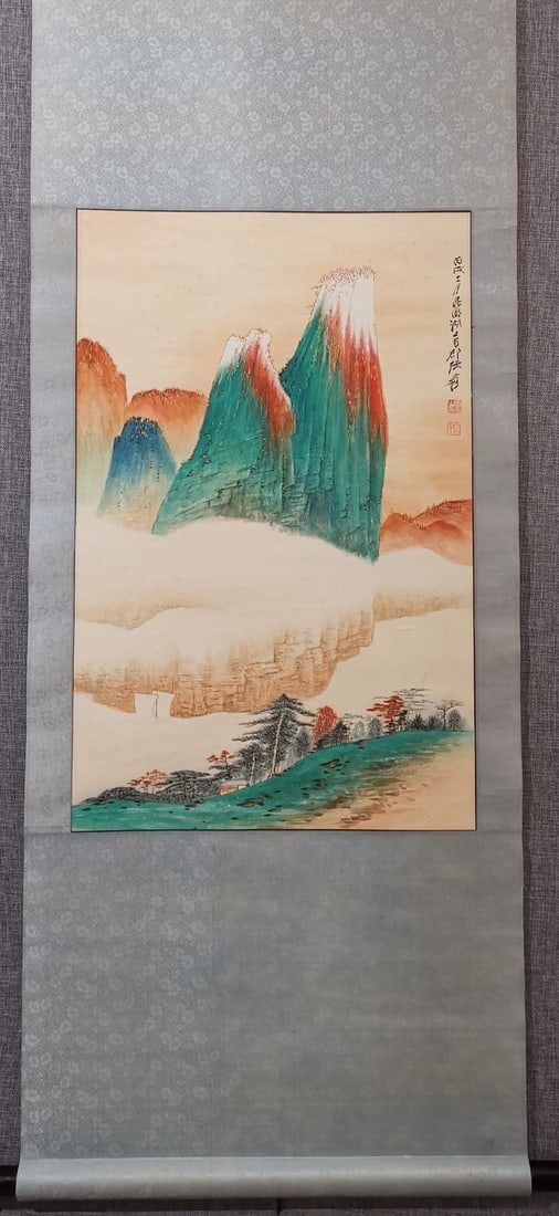 A Chinese Vertical Scroll Ink Painting of Landscape on Paper (1 of 9)
