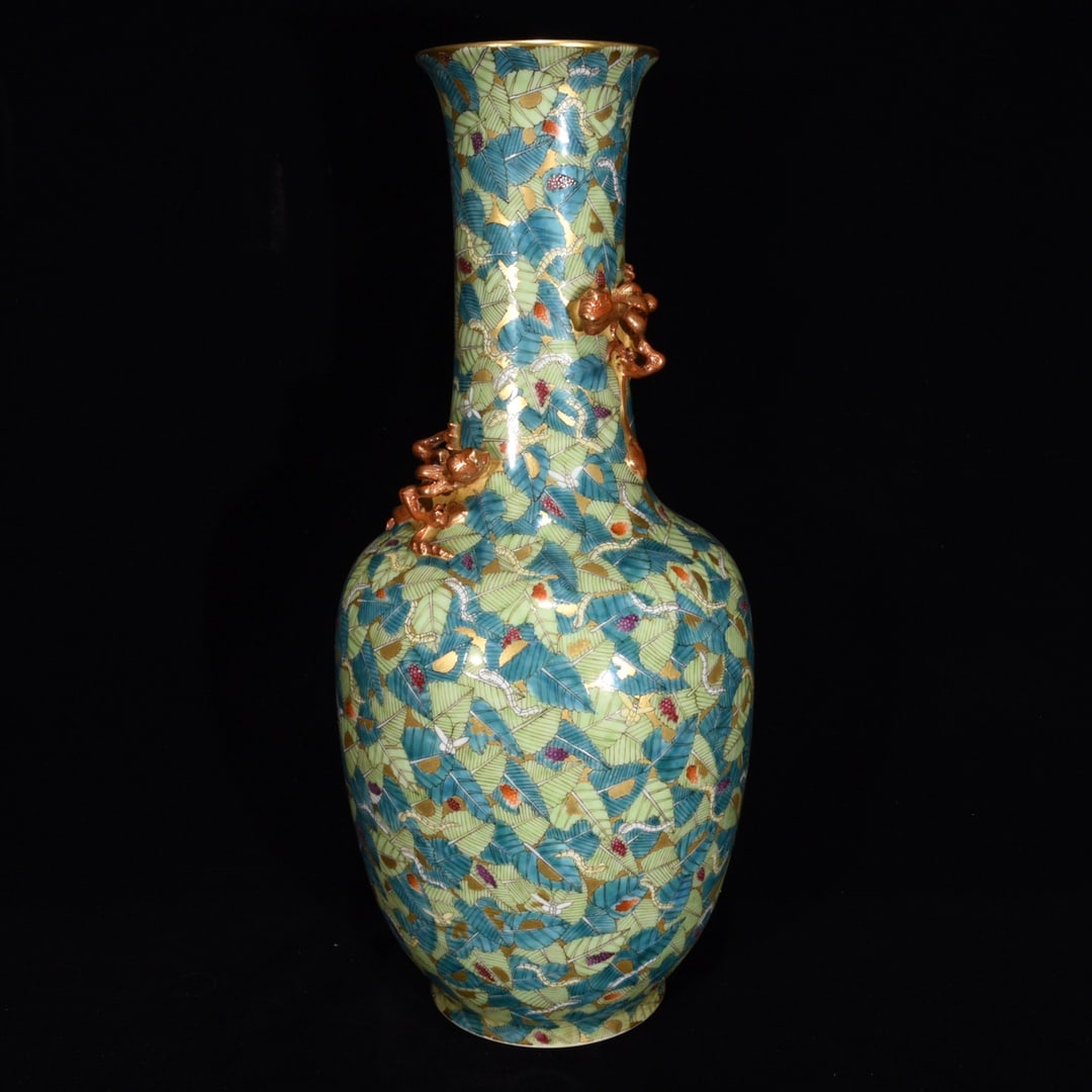 A Exquisite Famille-Rose Painted Gold Grass and Insect Pattern Vase: A Exquisite Famille-Rose Painted Gold Grass and Insect Pattern Vase,Qing Dynasty, China,Qianlong Six-character Mark,Size:17.3inx7.5in 粉彩描金虫草纹瓶,&