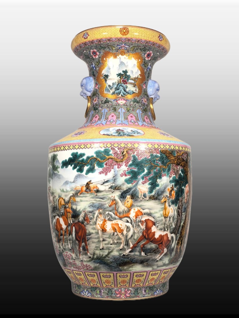 A Exquisite Enamel Horse Pattern Lion-Ears Vase (1 of 8)