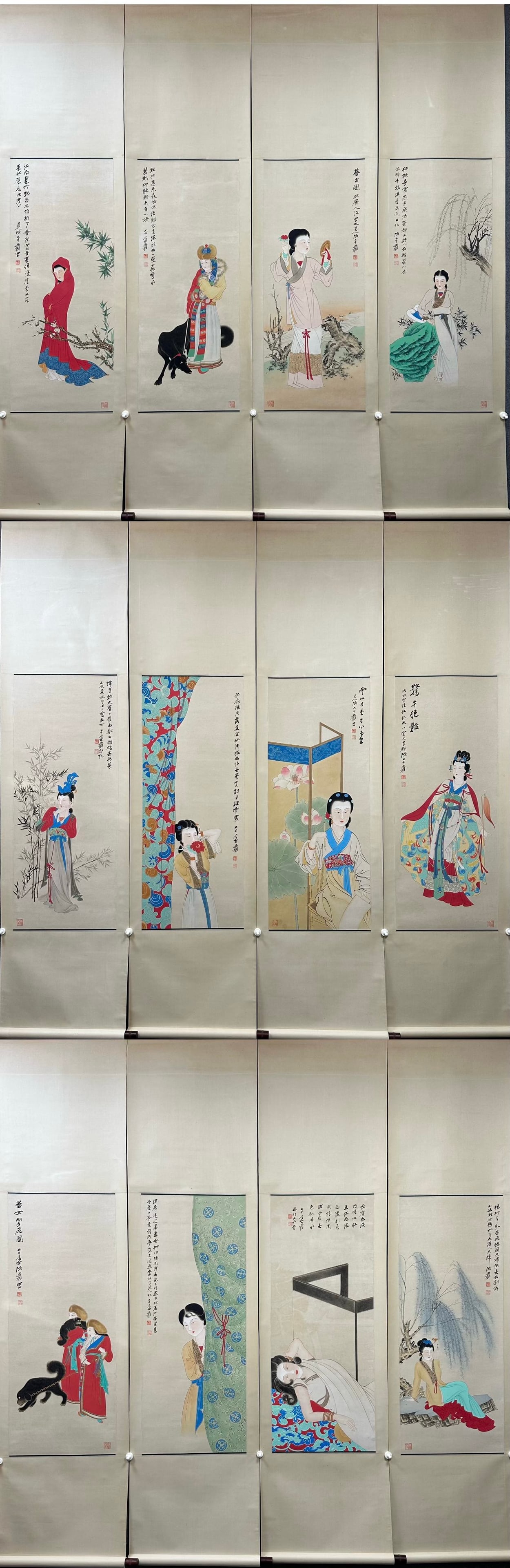 A Set of Twelve Chinese Vertical Scroll Ink Paintings of Figures on Paper: A Set of Twelve Chinese Vertical Scroll Ink Paintings of Figures on Paper,Modern Period of China,Zhang Daqian,without frame size:16.5inx40.9in
