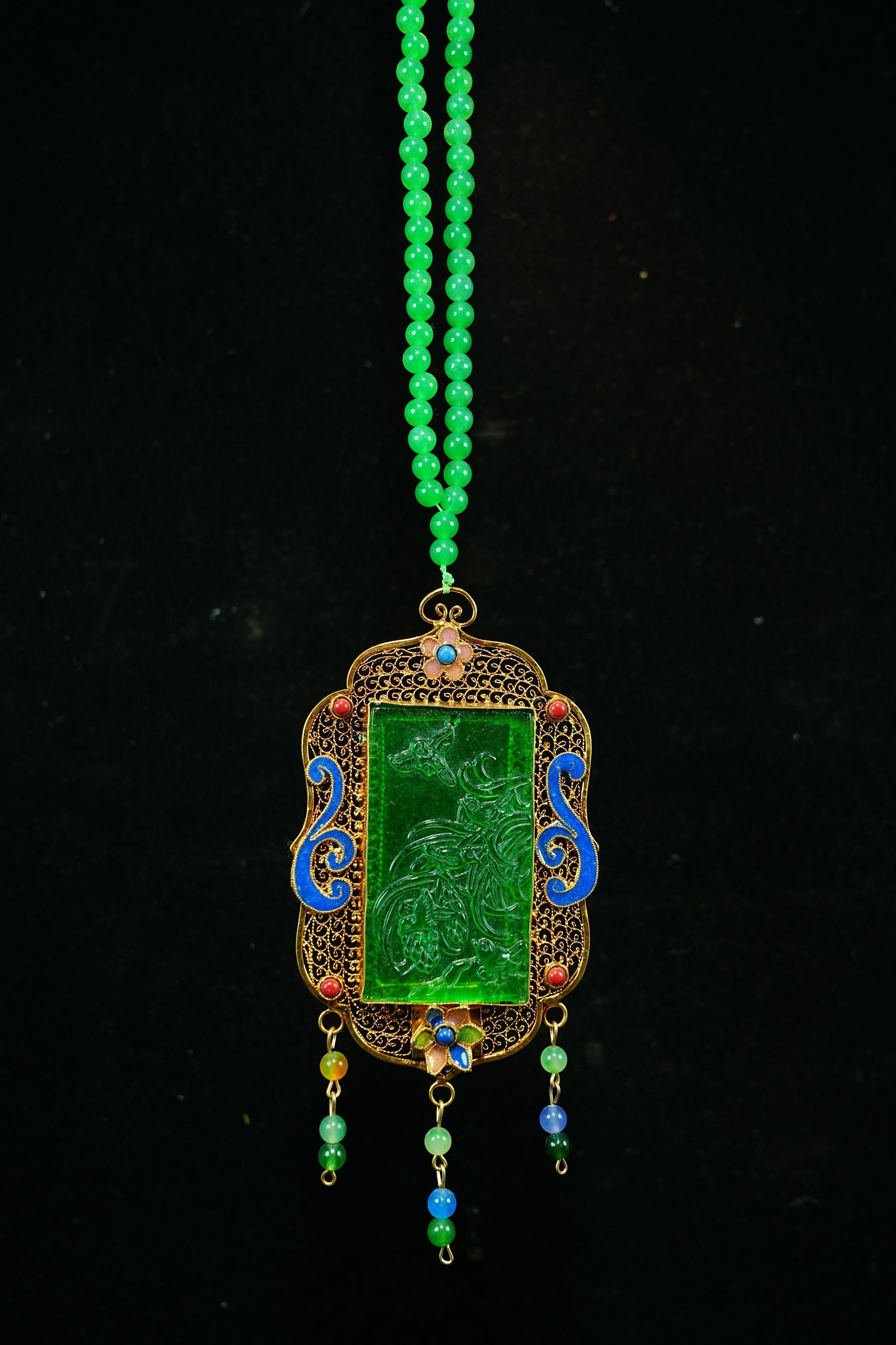 A Exquisite Jadeite Flower and Bird Pattern Pendant: A Exquisite Jadeite Flower and Bird Pattern Pendant,Qing Dynasty, China,Qianlong Four-character Mark,Size:2.8inx4.4in