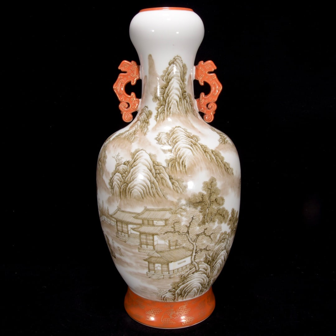 A Exquisite Ink Color Gilt Landscape Pattern Double-Ears Vase: A Exquisite Ink Color Gilt Landscape Pattern Double-Ears Vase,Qing Dynasty, China,Qianlong Six-character Mark,Size:22.4inx10.2in