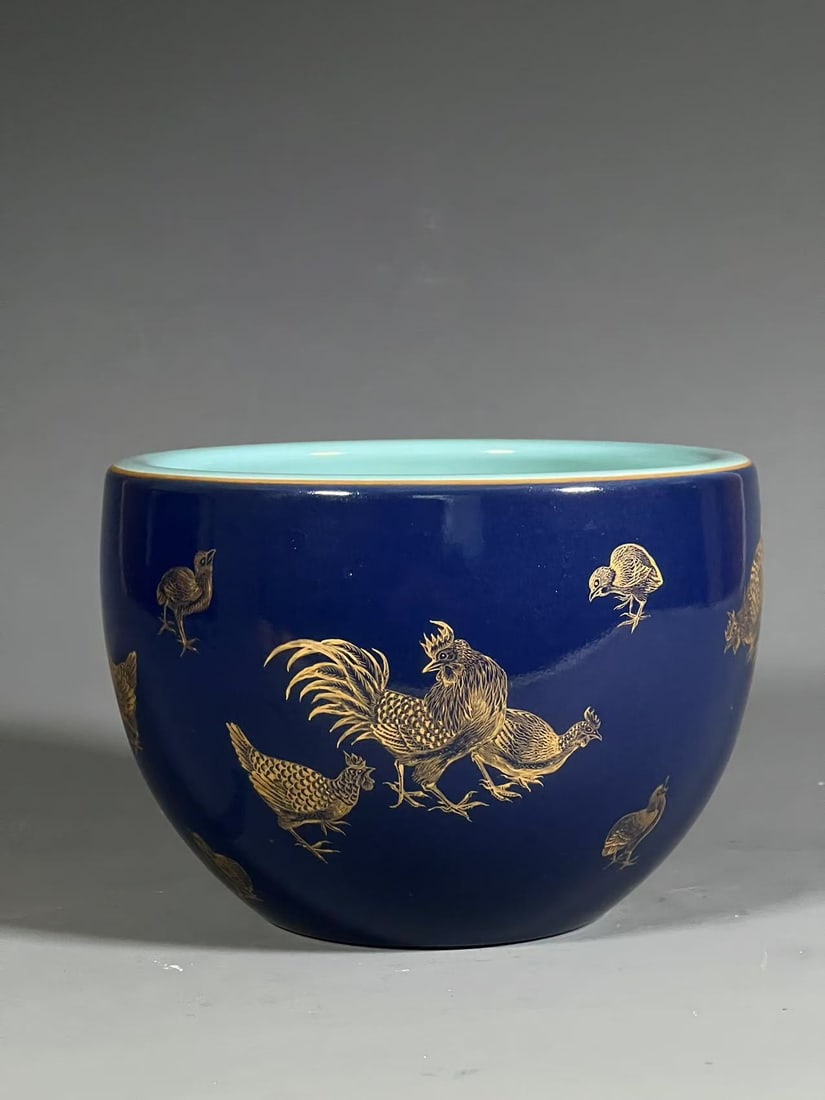 A Exquisite Ji Blue Glazed Painted Gold Fowl Pattern Vat: A Exquisite Ji Blue Glazed Painted Gold Fowl Pattern Vat,Qing Dynasty, China,Xuantong Six-character Mark,Size:4.8inx6.7inx3.5in 霁蓝釉描金鸡纹缸,中