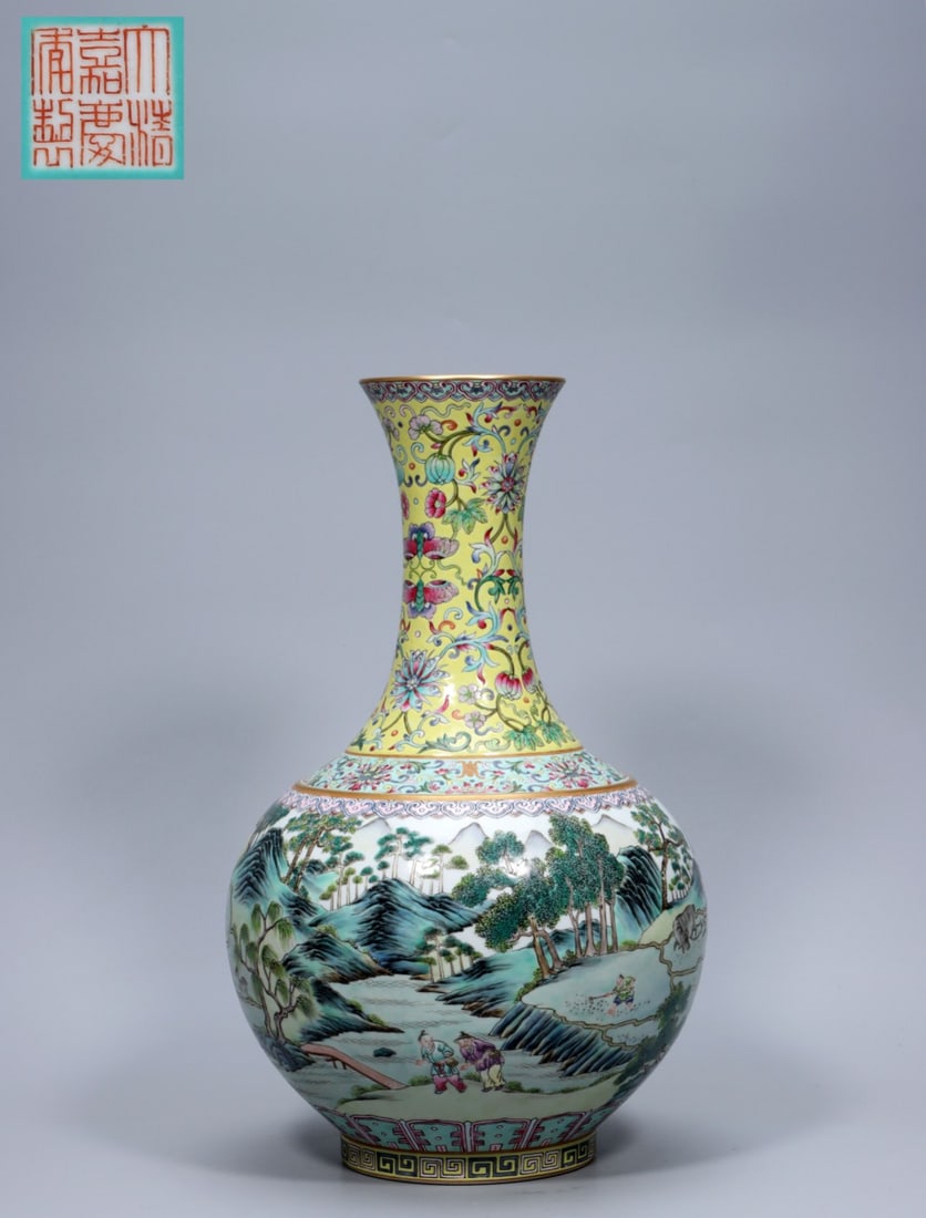 A Exquisite Yellow Ground Famille-Rose Landscape and Figures Pattern Vase: A Exquisite Yellow Ground Famille-Rose Landscape and Figures Pattern Vase,Qing Dynasty, China,Jiaqing Six-character Mark,Size:15.2inx9.3inx4.1in ,Weight:2562g ??????????,????,?????