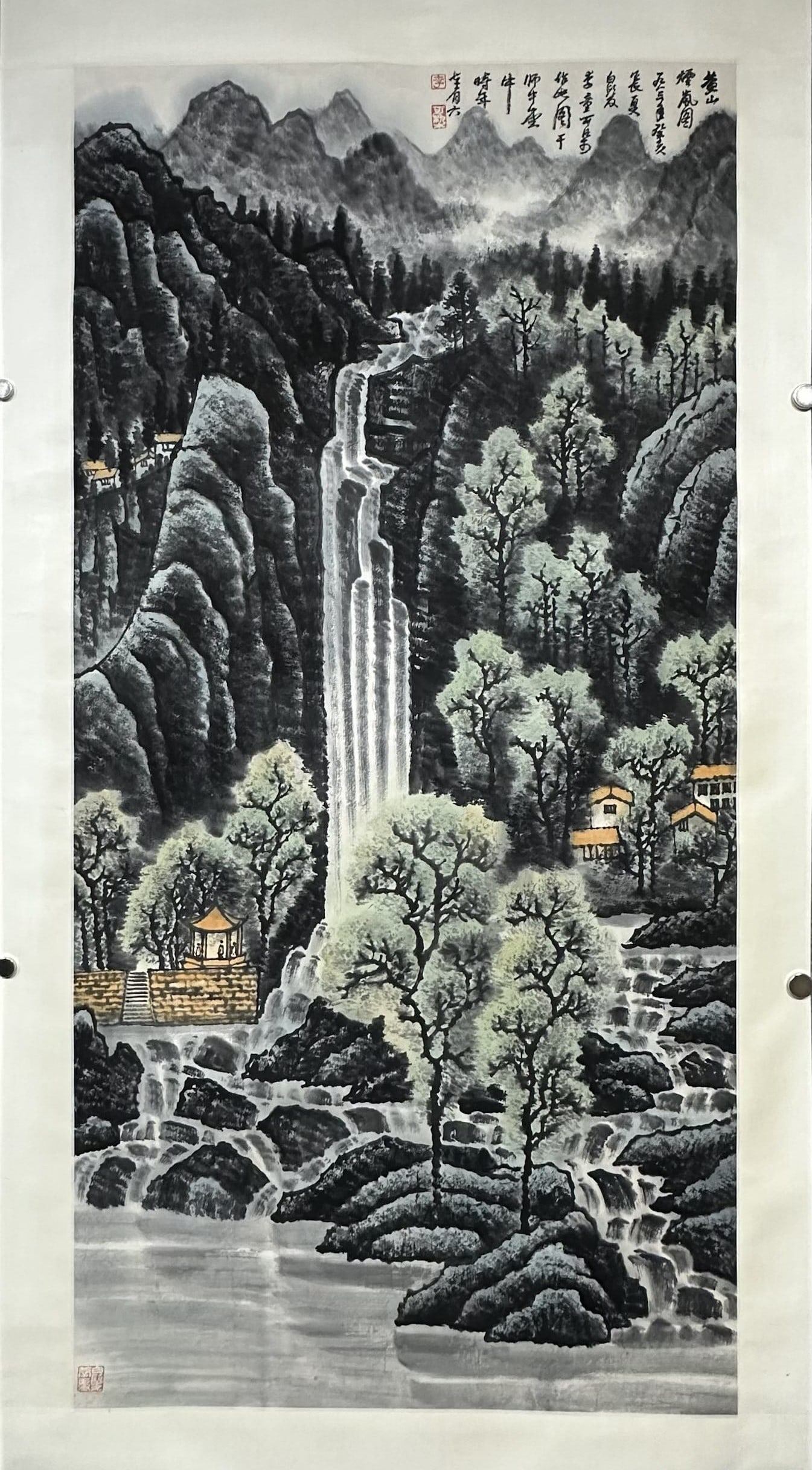 A Chinese Vertical Scroll Ink Painting of Landscape on Paper: A Chinese Vertical Scroll Ink Painting of Landscape on Paper,Modern Time of China,Li Keran,withoutframesize:52inx25.6in 一幅中国水墨纸本山水