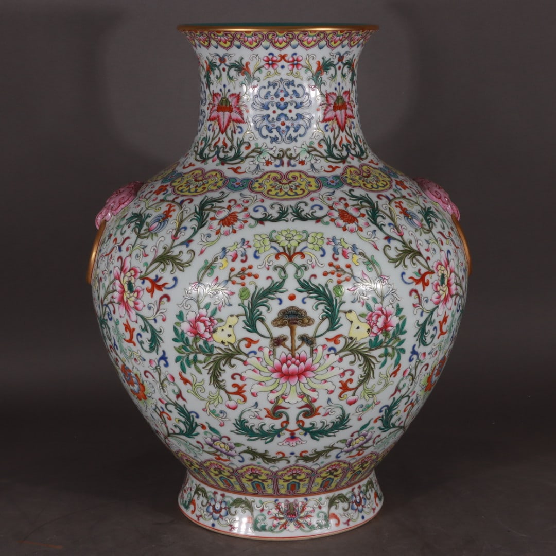 A Exquisite Famille-Rose Lotus Pattern Beast-Ears Vase: A Exquisite Famille-Rose Lotus Pattern Beast-Ears Vase,Qing Dynasty, China,Qianlong Six-character Mark,Size:18.5inx7.5inx14.2inx47.6in 粉彩缠枝莲纹兽耳&