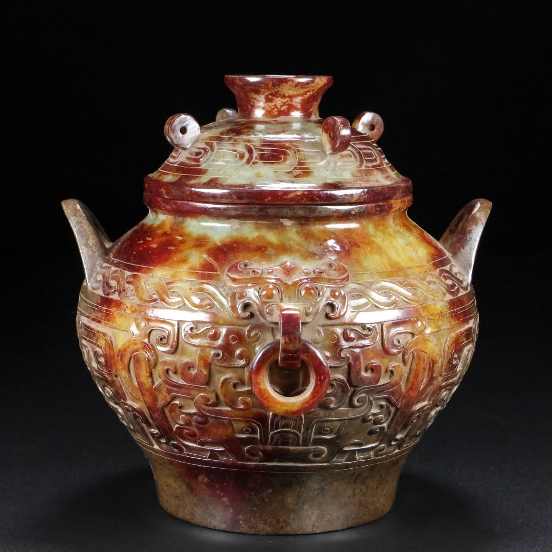 A Exquisite Hotan Jade Double-Ears Censer: A Exquisite Hotan Jade Double-Ears Censer,Han Dynasty, China,Size:6.7inx7.5inx6.7in(Single) ,Weight:2608g 和田玉双耳炉,中国汉代