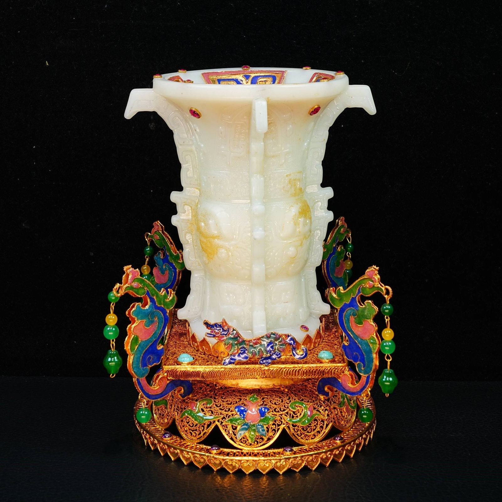 A Exquisite Cloisonne Enamel White Jade Beast-Face Pattern Vase Ornament (1 of 8)