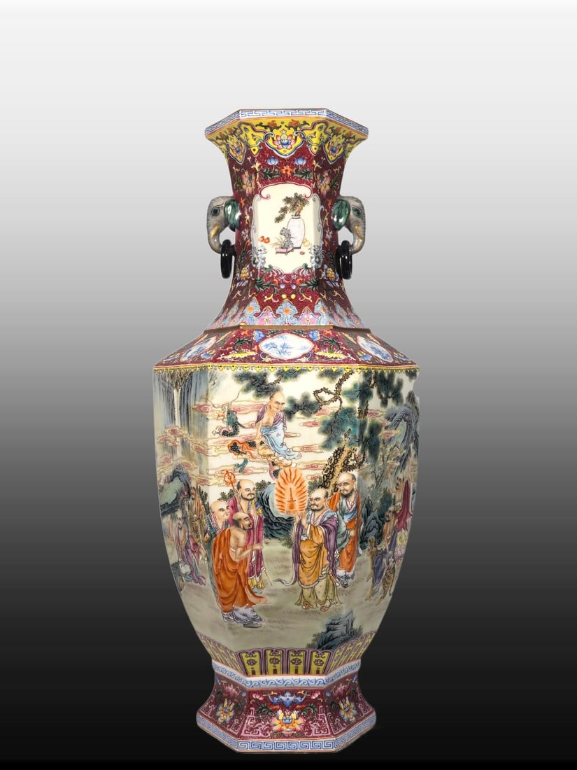 A Exquisite Famille-Rose Ruby Red-Glazed Character and Story Pattern Elephant-Ears Vase: A Exquisite Famille-Rose Ruby Red-Glazed Character and Story Pattern Elephant-Ears Vase,Qing Dynasty, China,Qianlong Four-character Mark,Size:26.8inx5.9inx10.6inx6.7in 粉彩胭脂