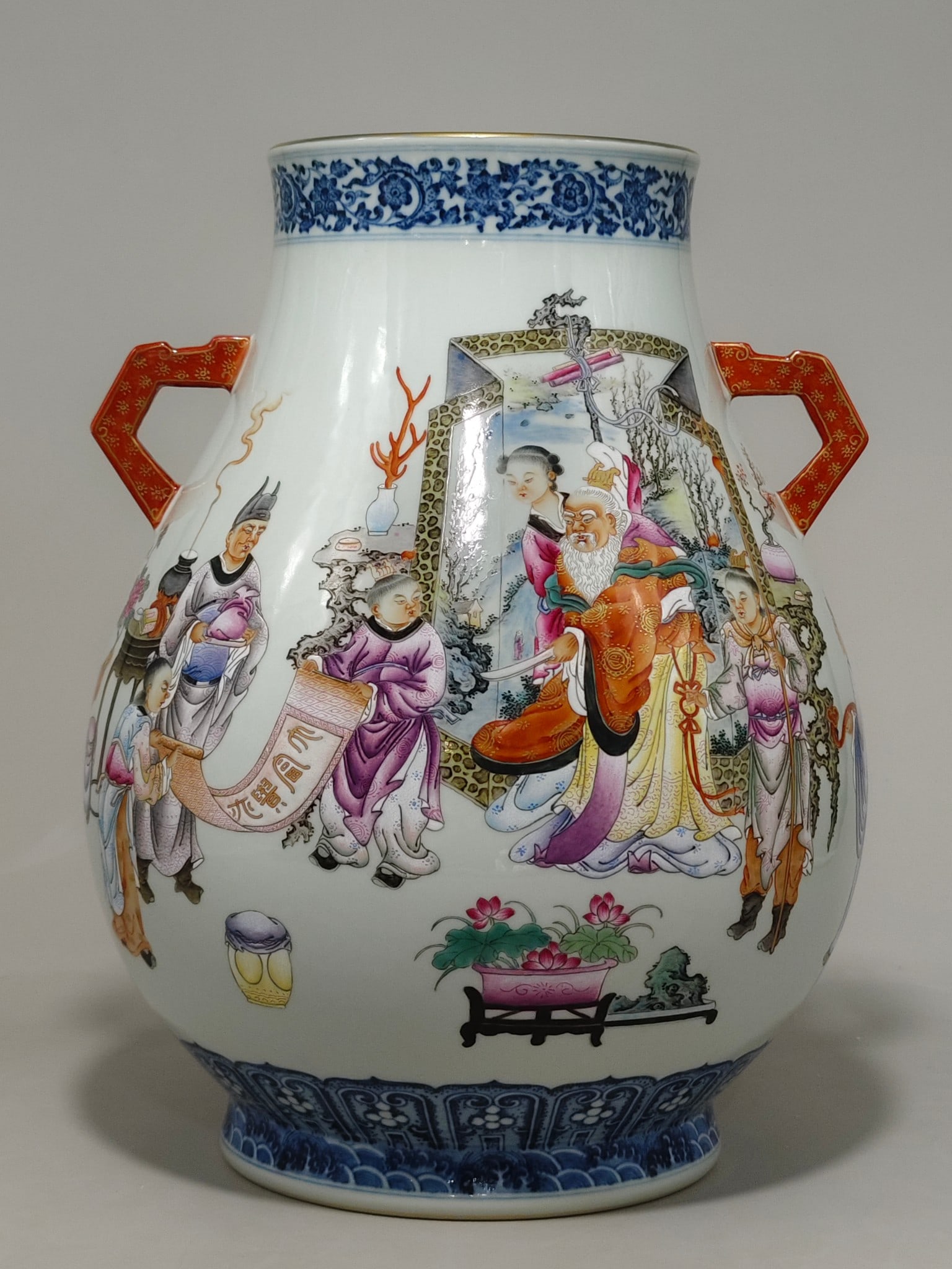 A Exquisite Blue and White Character and Story Pattern Double-Ears Vase: A Exquisite Blue and White Character and Story Pattern Double-Ears Vase,Qing Dynasty, China,Qianlong Six-character Mark,Size:14.4inx11in 青花人物故事纹双