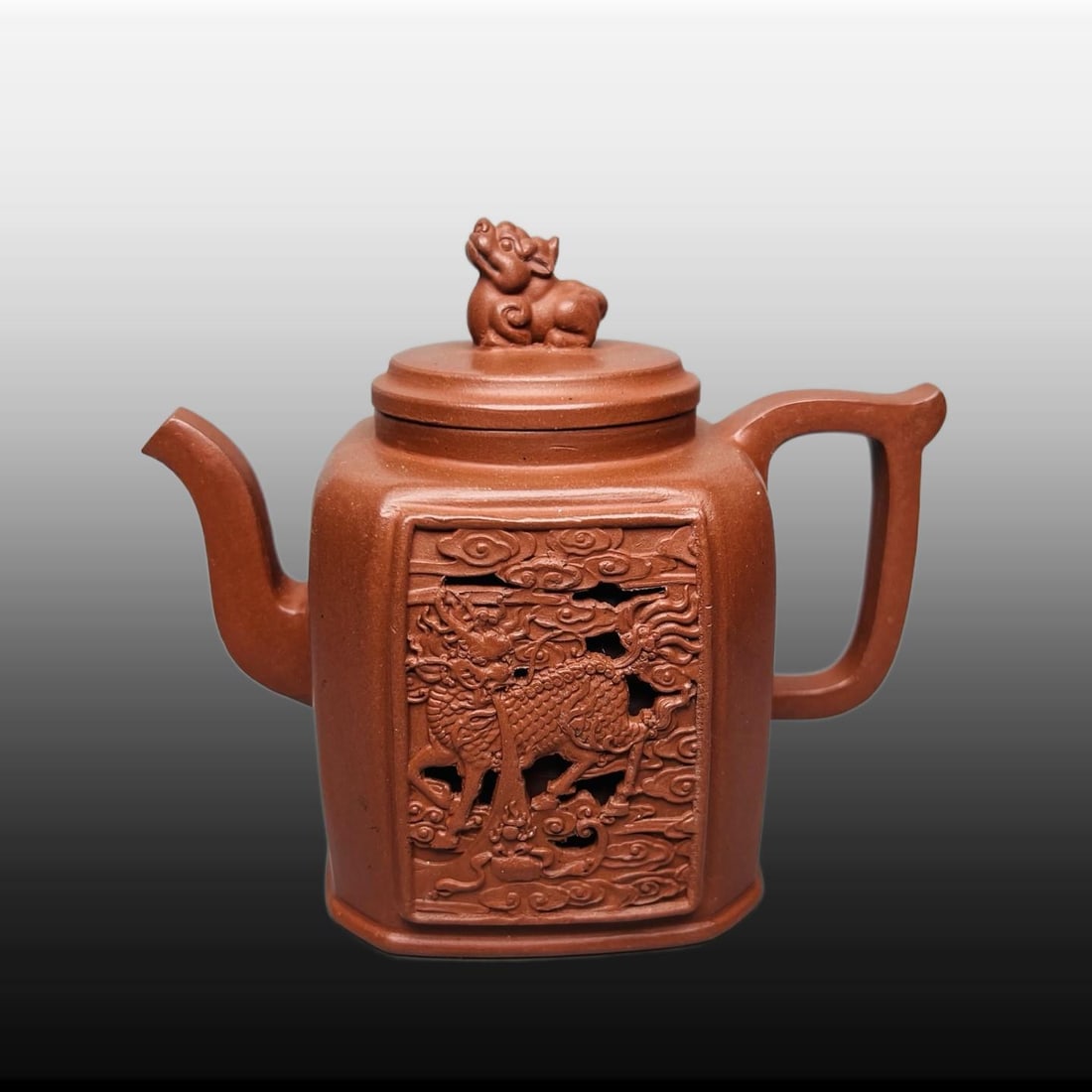 A Exquisite Purple Sands Kylin Pattern Teapot: A Exquisite Purple Sands Kylin Pattern Teapot,Republic of China,With Mark,Size:4.5inx4.3in 紫砂麒麟纹壶,民国,带款