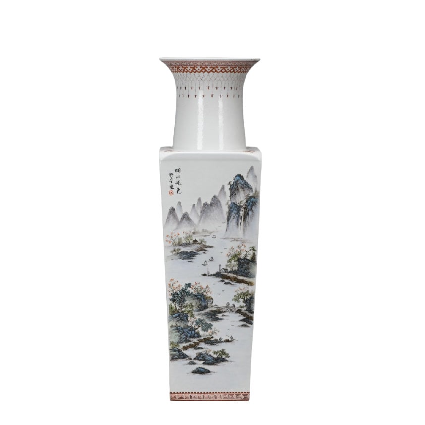 A Exquisite Famille-Rose Landscape Pattern Vase: A Exquisite Famille-Rose Landscape Pattern Vase,Republic of China,With Mark,Size:19.7inx5.9in 粉彩山水纹瓶,民国,带款