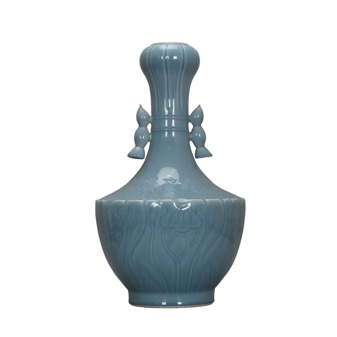 A Exquisite Blue Glazed Flower Pattern Double-Ears Vase: A Exquisite Blue Glazed Flower Pattern Double-Ears Vase,Qing Dynasty, China,Qianlong Six-character Mark,Size:23inx13.5inx7.7in