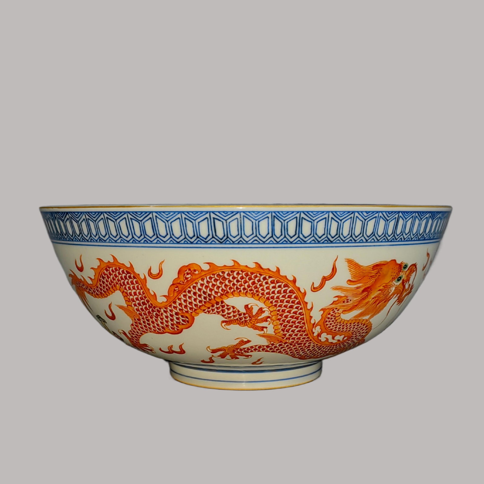A Exquisite Blue and White Iron-Red Dragon and Phoenix Pattern Bowl: A Exquisite Blue and White Iron-Red Dragon and Phoenix Pattern Bowl,Qing Dynasty, China,Guangxu Six-character Mark,Size:3.5inx8.3in
