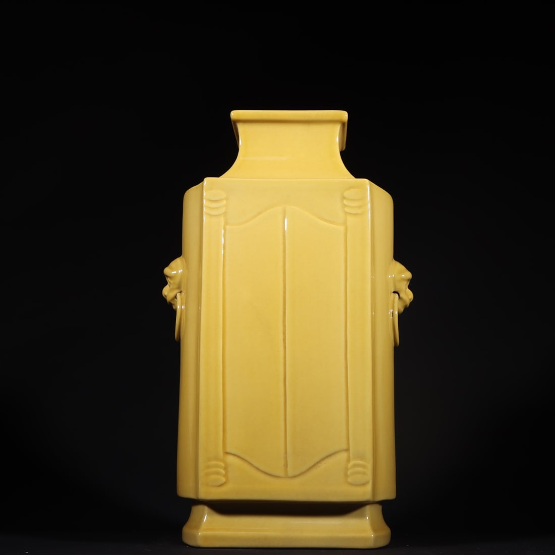 A Exquisite Butter Yellow Glaze Beast-Ears Vase: A Exquisite Butter Yellow Glaze Beast-Ears Vase,Qing Dynasty, China,Qianlong Six-character Mark,Size:13inx7.9in 鸡油黄釉兽耳瓶,中国清代