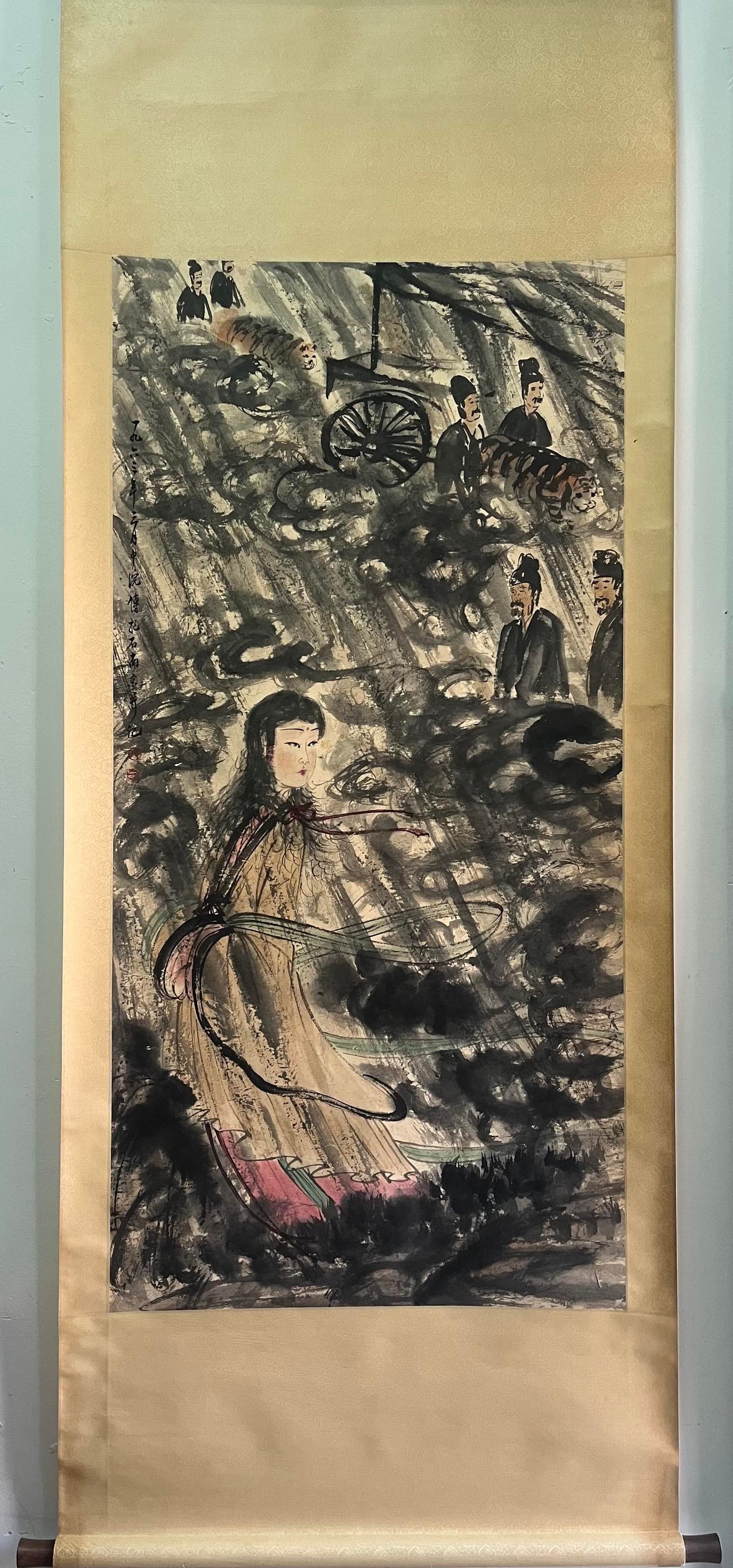A Chinese Vertical Scroll Ink Painting of Figures on Paper: A Chinese Vertical Scroll Ink Painting of Figures on Paper,Modern Period of China,Fu Baoshi,without frame size:54.3inx26.4in 一幅中国水墨纸本人