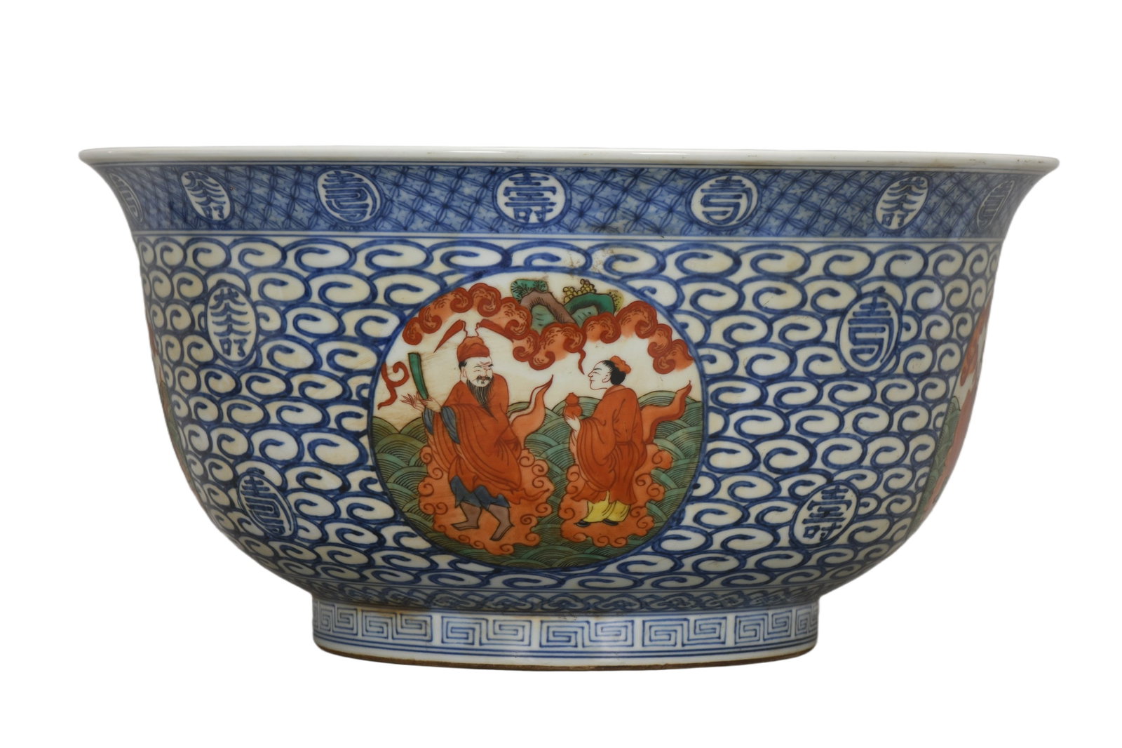 A Exquisite Blue and White Iron-Red Figures Pattern Bowl: A Exquisite Blue and White Iron-Red Figures Pattern Bowl,Ming Dynasty, China,Jiajing Six-character Mark,Size:8.7inx17.3inx8.7in 青花红彩人物纹碗,中