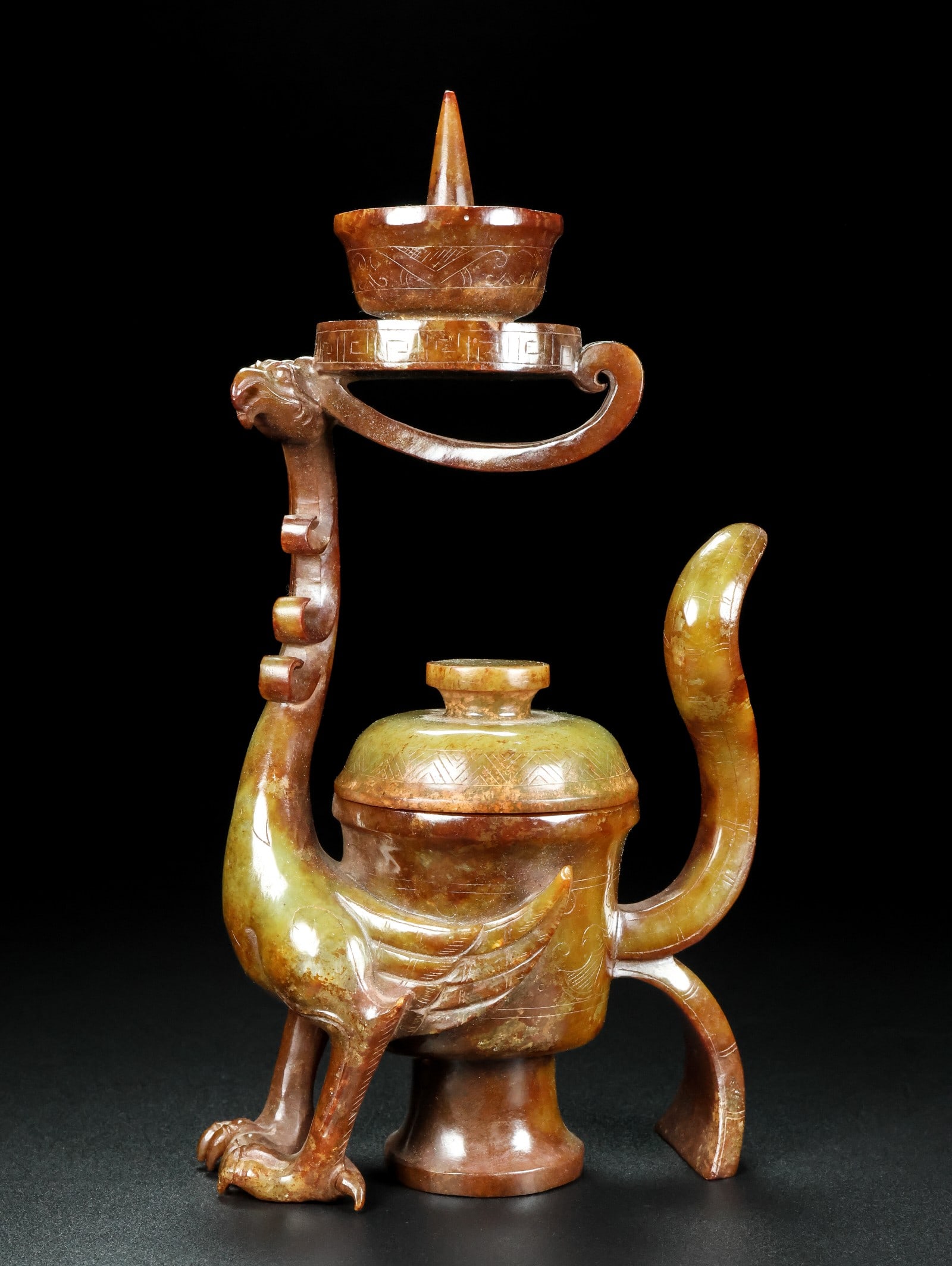 A Exquisite Hotan Jade Phoenix Candlestick: A Exquisite Hotan Jade Phoenix Candlestick,Han Dynasty, China,Size:5.1inx3.1inx9.4in ,Weight:736g 和田玉凤鸟灯台,中国汉代