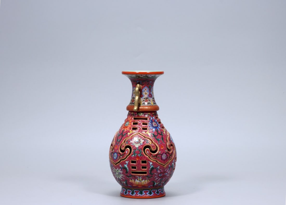 A Exquisite Ruby Red-Glazed Flower Pattern Double-Ears Vase - 3