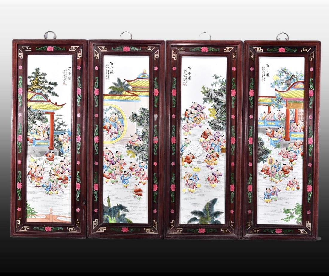 A Set of Exquisite Red wood Famille-Rose Figures Porcelain Plate Hanging Panel: A Set of Exquisite Red wood Famille-Rose Figures Porcelain Plate Hanging Panel,Republic of China,With Mark,Size:51.6inx20.1inx4
