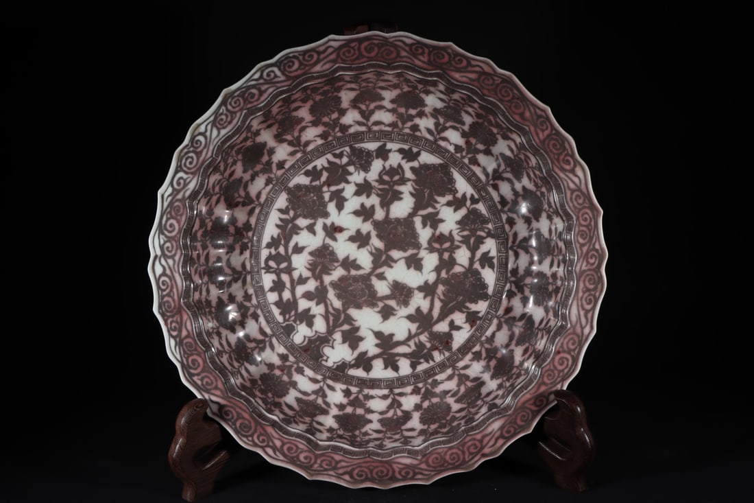 A Exquisite Underglaze-Red Flower Pattern Plate: A Exquisite Underglaze-Red Flower Pattern Plate,Ming Dynasty, China,Size:3inx17.7in 釉里红花卉纹盘,中国明代