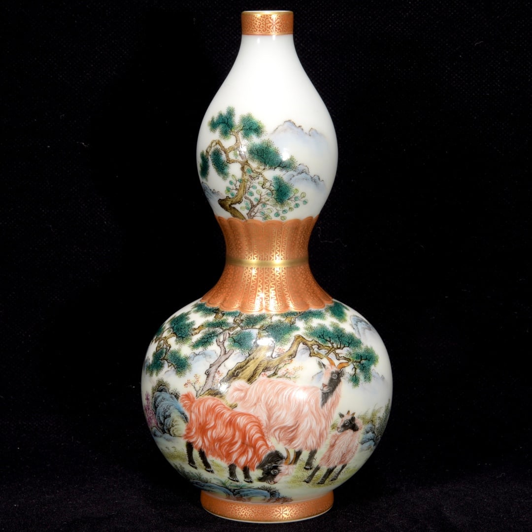 A Exquisite Famille-Rose Painted Gold Sheep Pattern Gourd Vase: A Exquisite Famille-Rose Painted Gold Sheep Pattern Gourd Vase,Qing Dynasty, China,Qianlong Six-character Mark,Size:7.9inx4.3in 粉彩描金羊纹葫芦瓶
