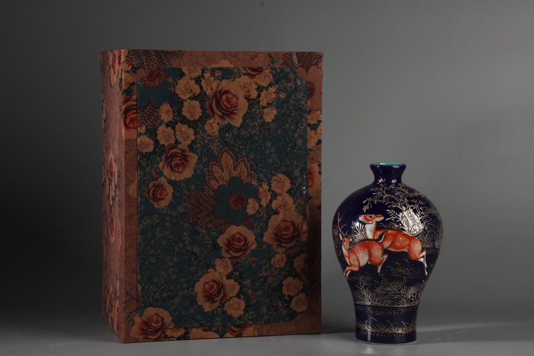 A Exquisite Sapphire Blue Glaze Sika Deer Pattern Vase: A Exquisite Sapphire Blue Glaze Sika Deer Pattern Vase,Qing Dynasty, China,Qianlong Six-character Mark,Size:8.3inx4.9in 宝石蓝釉鹿纹瓶,中国清