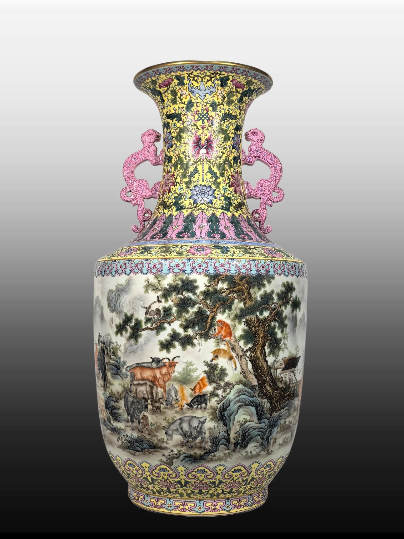 A Exquisite Famille-Rose Yellow Ground Sheep Pattern Dragon-Ears Vase (1 of 8)