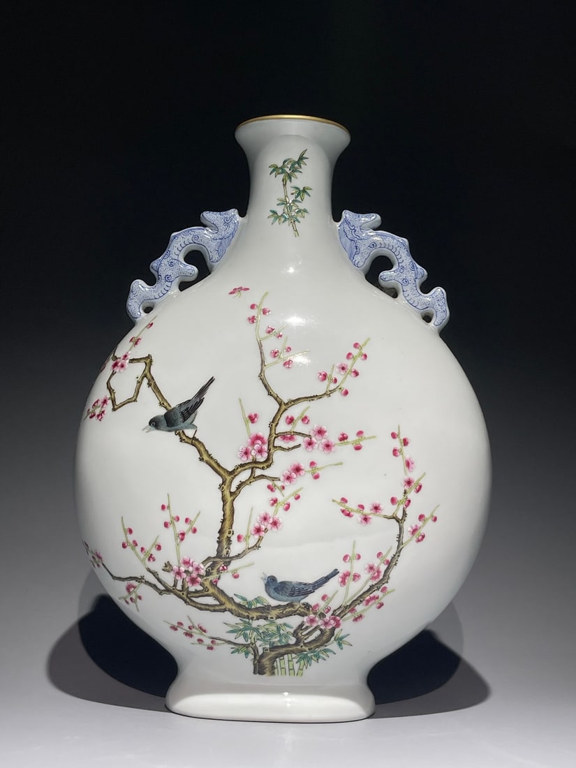 A Exquisite Famille-Rose Flower and Bird Pattern Dragon-Ears Vase: A Exquisite Famille-Rose Flower and Bird Pattern Dragon-Ears Vase,Qing Dynasty, China,Qianlong Six-character Mark,Size:13.2inx9.4in 粉彩花鸟纹龙耳瓶,