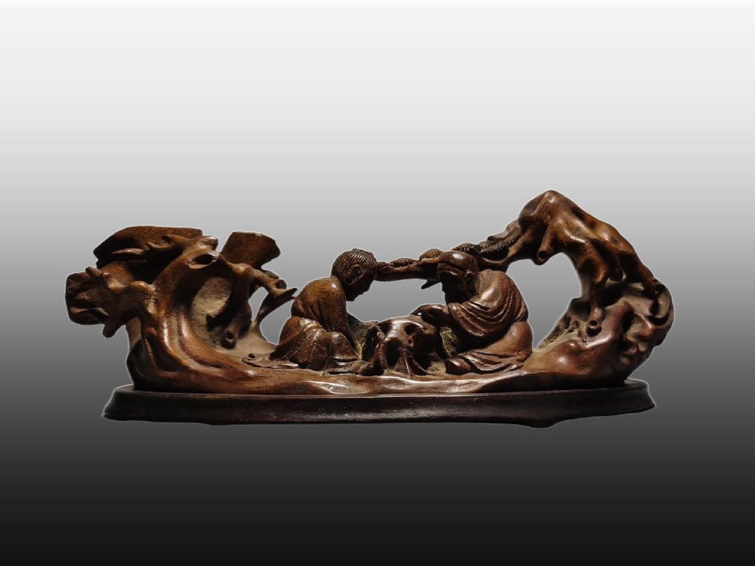 A Exquisite Bamboo Carving Figure Story Ornament: A Exquisite Bamboo Carving Figure Story Ornament,Qing Dynasty, China,With Mark,Size:9.3inx3.5in ,Weight:270g 竹雕人物故事摆件,中国清&#
