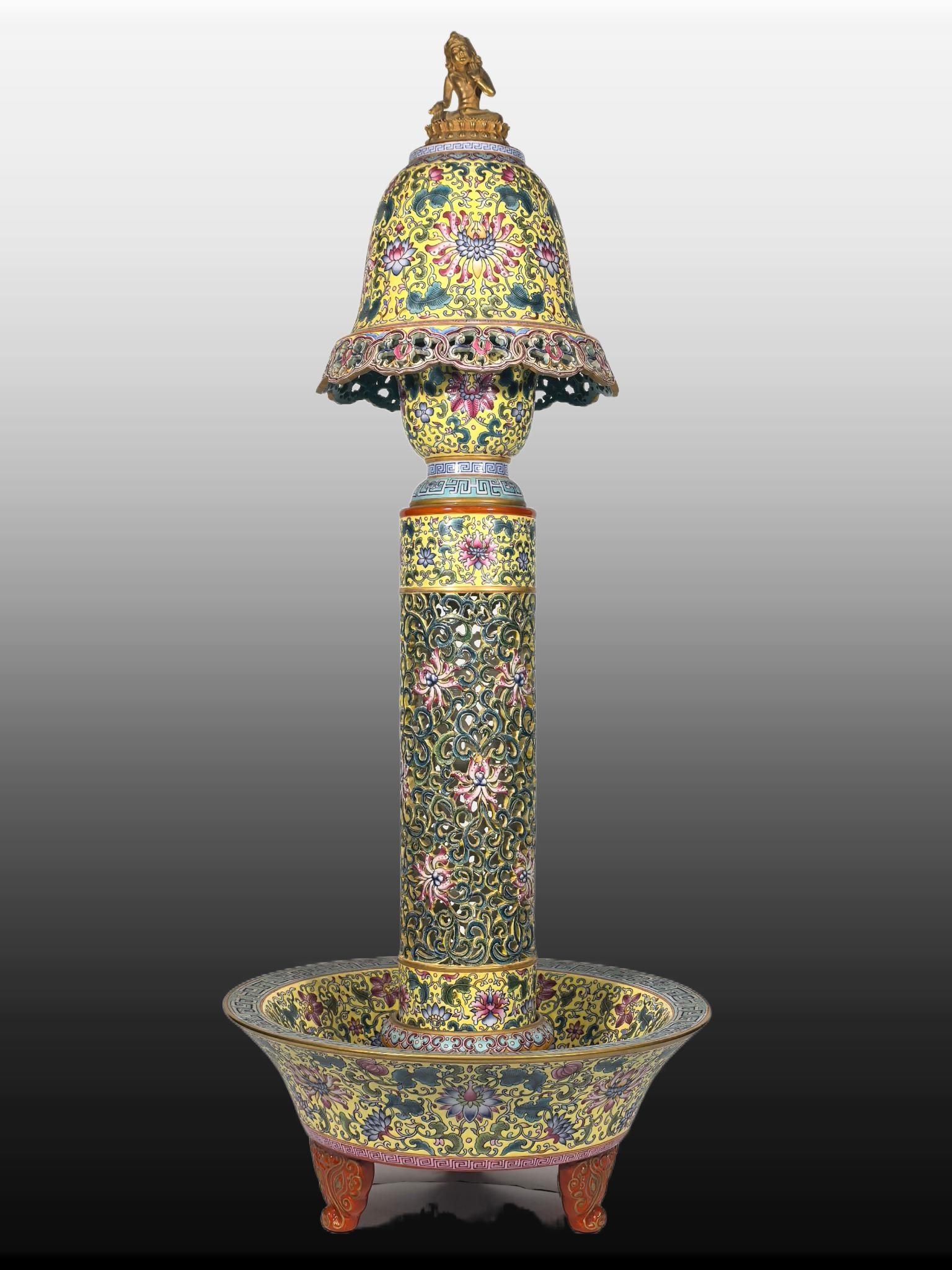 A Exquisite Famille-Rose Yellow Ground Lotus Pattern Hat Stand: A Exquisite Famille-Rose Yellow Ground Lotus Pattern Hat Stand,Qing Dynasty, China,Yongzheng Four-character Mark,Size:27.6inx3.5inx11in